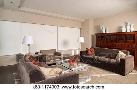 Stock Image - interior, living room, Canada House, Millennium project, False Creek, Vancouver, BC, Canada It's the former Vancouver Olympic Village. Fotosearch