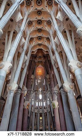Stock Photo - Interior of Basilica Sagrada Familia, nave, Barcelona, Catalonia, Spain. Fotosearch