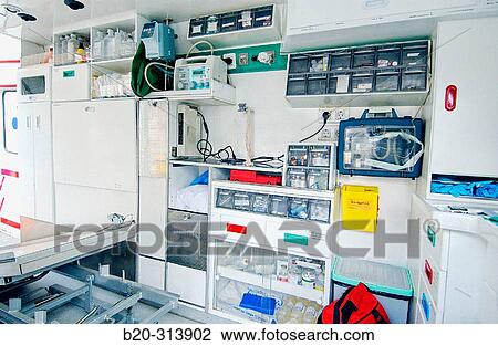 Stock Image - Interior of medical ambulance. Fotosearch