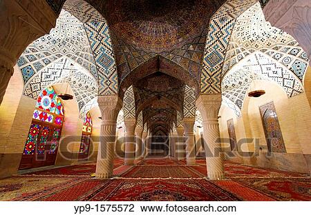 Stock Image - Interior of the winter prayer hall of the Nazir ul Mulk Mosque, Shiraz, Iran. Fotosearch