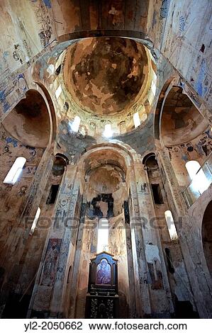 Stock Image - Interior with frescos of the 10th century Armenian Orthodox Cathedral of the Holy Cross on Akdamar Island, Lake Van Turkey.. Fotosearch