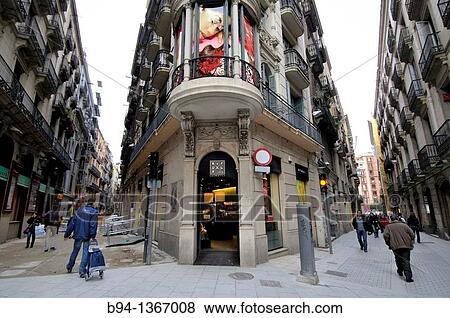 Stock Photo - Intersection Canuda and Santa Anna streets, next to the La Rambla, Barcelona, Catalonia, Spain.. Fotosearch