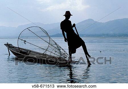 Stock Image - Intha fisherman, Inle lake, Myanmar. Fotosearch