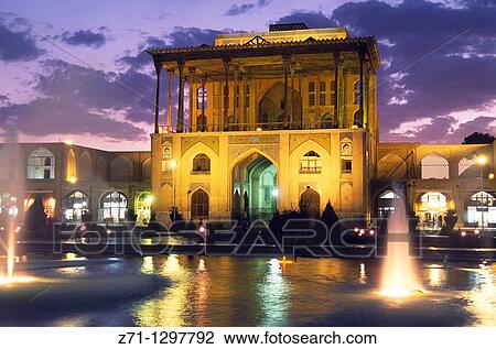 Stock Image - Iran, Esfahan, Isfahan, Ali Qapu Palace, Emam Khomeini Square, fountain,. Fotosearch