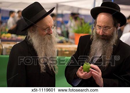 Stock Image - Israel, Bnei Brak, Closely examining an Etrog at the Sukkoth 4 species market. Fotosearch