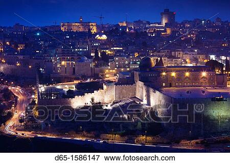 Israel, Jerusalem, elevated city view with Temple Mount and city walls from the Mount of Olives, evening View Large Photo Image Stock Photo - Israel, Jerusalem, elevated city view with Temple Mount and city walls from the Mount of Olives, evening. Fotosearch
