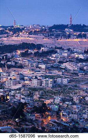 Israel, Jerusalem, elevated view of Kidron Valley Arab villages, dusk View Large Photo Image Stock Photograph - Israel, Jerusalem, elevated view of Kidron Valley Arab villages, dusk. Fotosearch