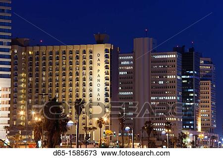 Stock Image - Israel, Tel Aviv, beachfront, hotels, dusk. Fotosearch