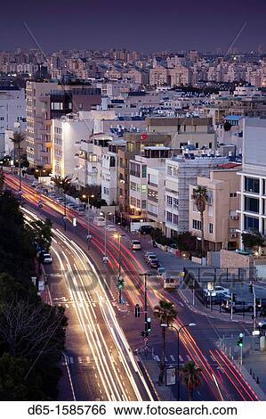 Israel, Tel Aviv, elevated city view above HaYarkon Street, evening View Large Photo Image Stock Photograph - Israel, Tel Aviv, elevated city view above HaYarkon Street, evening. Fotosearch