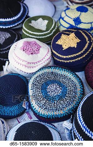 Israel, Tel Aviv, Nahalat Binyamin Crafts Market, Jewish yarmulke hats View Large Photo Image Stock Photo - Israel, Tel Aviv, Nahalat Binyamin Crafts Market, Jewish yarmulke hats. Fotosearch