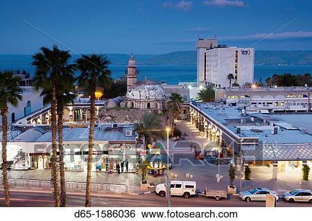 Israel, The Galilee, Tiberias, elevated view of the Al-Amari Mosque, dusk View Large Photo Image Stock Photograph - Israel, The Galilee, Tiberias, elevated view of the Al-Amari Mosque, dusk. Fotosearch