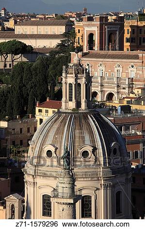 Stock Photograph - Italy, Lazio, Rome, general aerial view, skyline, Trajan's Column, SS Nome di Maria Church,. Fotosearch
