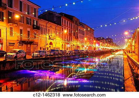 Stock Photo - Italy, Milan, Navigli, christmas lights. Fotosearch