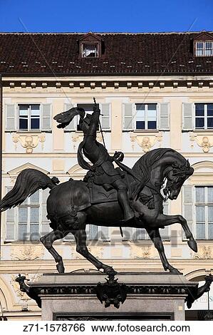 Stock Photograph - Italy, Piedmont, Turin, Piazza San Carlo, Emanuele Filiberto of Savoy statue,. Fotosearch