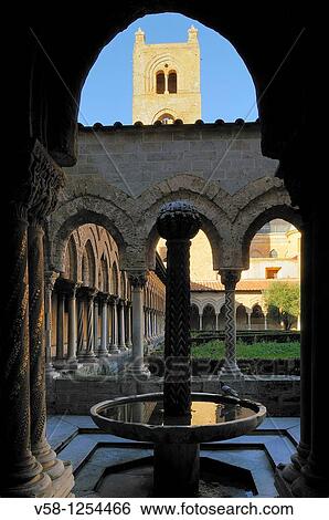 Stock Photograph - Italy, Sicily, Monreale, The Cloister, Fountain. Fotosearch