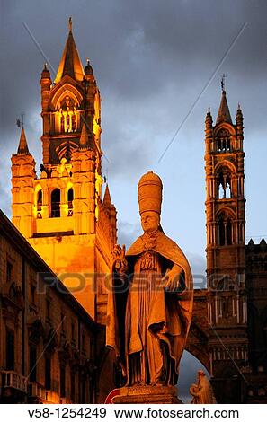 Italy, Sicily, Palermo, The Cathedral and archbishop's palace at night View Large Photo Image Stock Photo - Italy, Sicily, Palermo, The Cathedral and archbishop's palace at night. Fotosearch