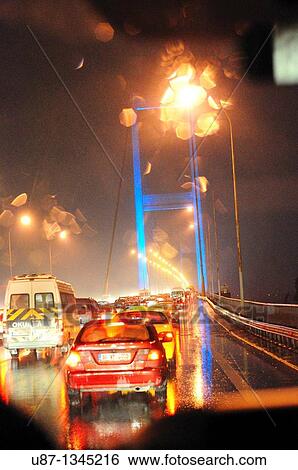 Stock Photograph - Italy, Turkey, Bosporus Bridge at night. Fotosearch