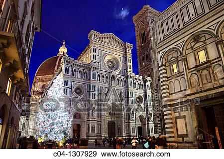 Stock Photo - Italy, Tuscany, Florence, Cathedral, Christmas lights. Fotosearch