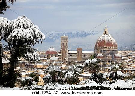 Stock Image - Italy, Tuscany, Florence, Duomo, snow. Fotosearch