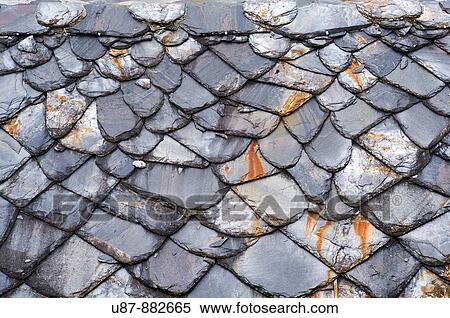 Stock Photography - Italy, Valle Aosta, Detail of a Stone Roof of a Typical House. Fotosearch