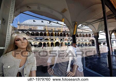 Stock Image - Italy, Veneto, Padua, Palazzo della Ragione Reflection Shop Window.. Fotosearch