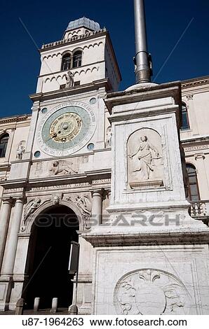 Stock Image - Italy, Veneto, Padua, Piazza dei Signori Square, Palazzo Del Capitanio, Astronomical Clock Tower.. Fotosearch