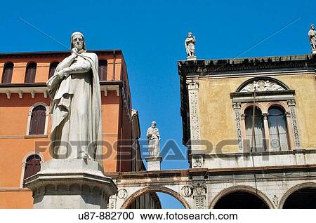 Stock Image - Italy, Veneto, Verona, Dei Signori Square, Monument to Dante Aighieri. Fotosearch