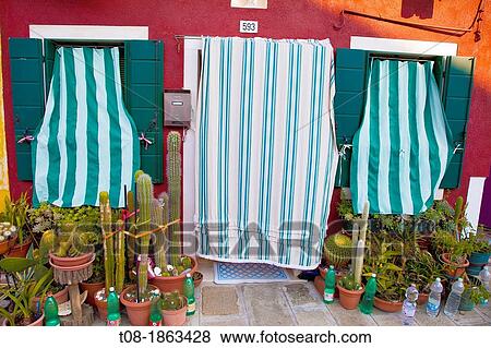 Italy, Venice, Burano, House Facade with Plants View Large Photo Image Stock Photo - Italy, Venice, Burano, House Facade with Plants. Fotosearch