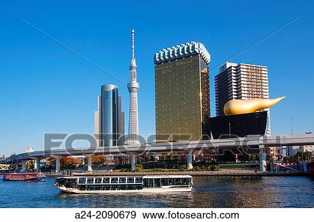 Stock Photo - Japan, Tokyo City, Asakusa District, Sumidagawa River and the Sky Tree Tower.. Fotosearch