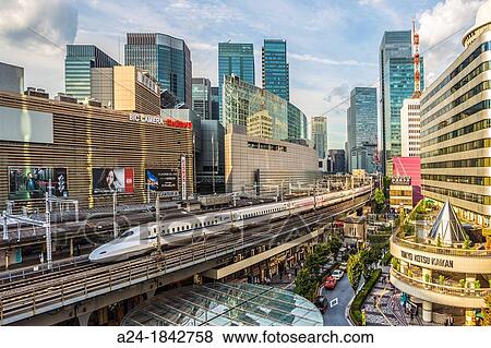 Japan, Tokyo City, Ginza District, Harajuku Satation, Bullet Train View Large Photo Image Stock Photo - Japan, Tokyo City, Ginza District, Harajuku Satation, Bullet Train. Fotosearch