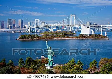 Japan Tokyo City Odaiba District The Statue Of Liberty And Rainbow Bridge Stock Photography 4 Fotosearch