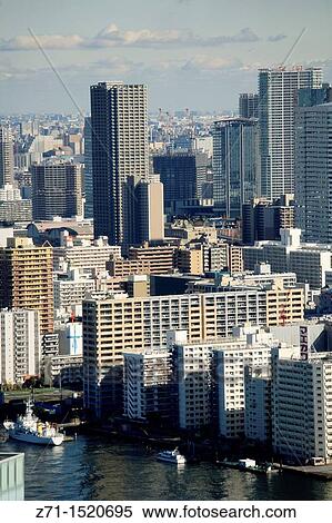 Stock Photography - Japan, Tokyo, harbour area skyline, general aerial view.. Fotosearch