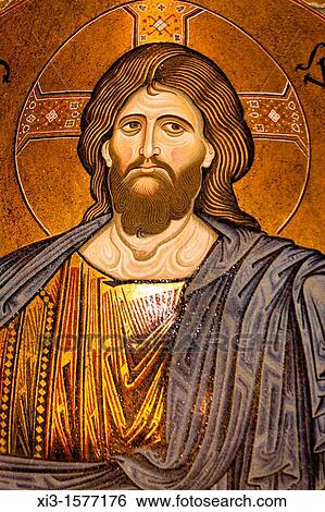 Jesus Christ mosaic in the apse, Monreale Cathedral, Monreale, near Palermo, Sicily, Italy View Large Photo Image Stock Photograph - Jesus Christ mosaic in the apse, Monreale Cathedral, Monreale, near Palermo, Sicily, Italy. Fotosearch
