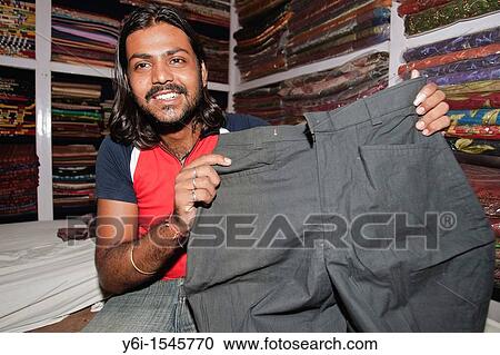 Stock Image - Jodhpurs riding pants at RTD Corporation textiles Jodhpur Rajasthan India. Fotosearch