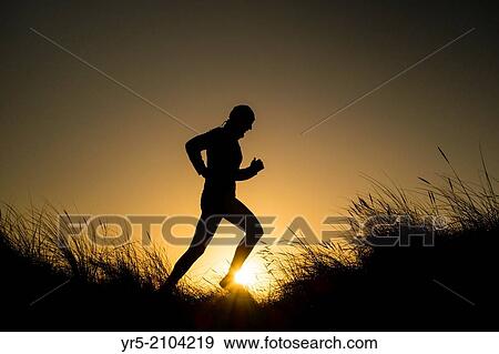 Stock Photo - Jogger on Sand Dunes at sunrise. Seaton Carew beach near Hartlepool, north east England, United Kingdom.. Fotosearch