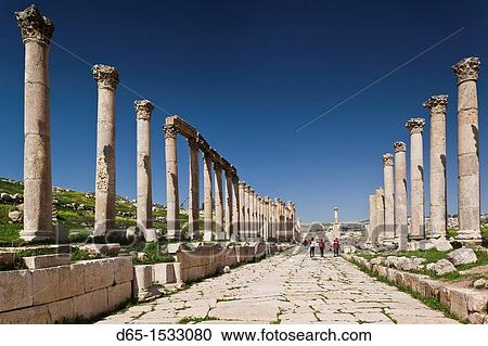 Jordan, Jerash, overview of Roman-era city ruins, columns along the Cardo Maximus View Large Photo Image Stock Image - Jordan, Jerash, overview of Roman-era city ruins, columns along the Cardo Maximus. Fotosearch