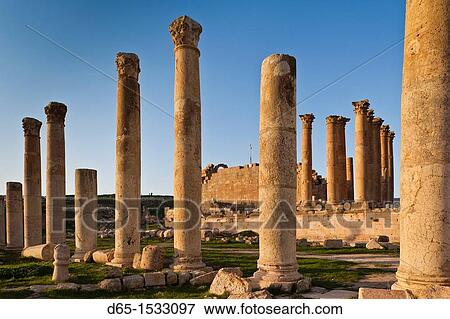 Stock Photo - Jordan, Jerash, Roman-era city ruins, columns along Cardo Maximus. Fotosearch