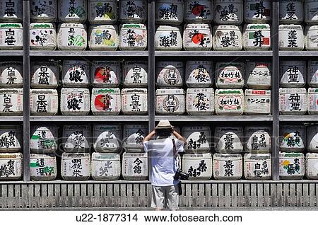 Picture - Kamakura, Kanagawa, Japan, ritual sake barrels at Tsurugaoka Hachiman-gu shrine. Fotosearch