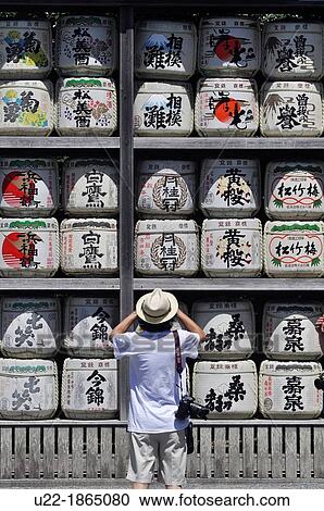 Stock Image - Kamakura, Kanagawa, Japan, ritual sake barrels at Tsurugaoka Hachiman-gu shrine. Fotosearch