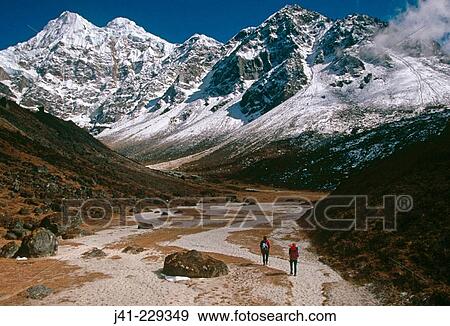 Stock Photo - Kangchenjunga, trekkers en route, below Sharpu peaks. East Nepal. Fotosearch
