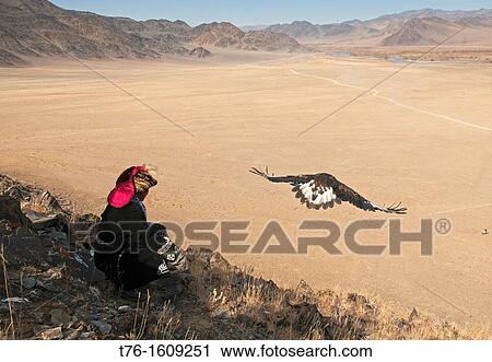 Stock Image - Kazakh eagle hunter sends out his golden eagle to fly in the Altai Region of Bayan-? lgii in Western Mongolia. Fotosearch
