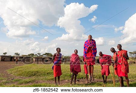 Stock Image - Kenya Masai Mara Masai warriors doing traditional jumping for tourists in Masai Mara National Park in reserve 9. Fotosearch