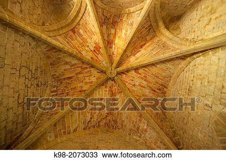 Stock Image - Keystone depicting the Coronation of the Virgin, Hall of the Musicians, Puivert Castle, 13th Century, Cathar Castle, Puivert, Aude Department, Languedoc-Roussillon, France. Fotosearch