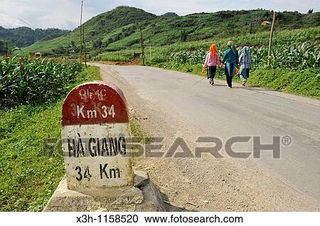 Stock Image - kilometre-marker onthe road around Viet Lam, Ha Giang province, northern vietnam, southeast asia. Fotosearch