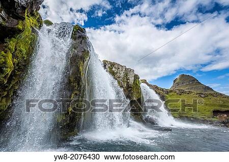 Stock Image - Kirkjufellsfoss Waterfalls, (Church Mountain Falls) Grundarfjordur, Snaefellsnes Peninsula, Iceland.. Fotosearch