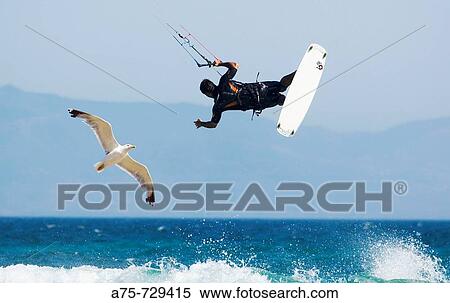 Stock Photography - Kiteboarding, Valdevaqueros, Punta Paloma, Tarifa, Cadiz province, Andalusia, Spain, summer 2008. Fotosearch