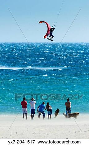 Stock Photo - Kitesurfing in Tarifa, Costa de la Luz, Cadiz, Andalusia, Spain.. Fotosearch