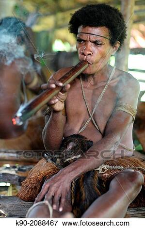 Stock Photo - Kombai woman smoking her pipe and holding her pig, Papua, Indonesia, Southeast Asia.. Fotosearch