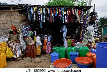 Stock Image - Konso Ethiopia Africa tribal village Lower Omo Valley small market store on road for locals. Fotosearch