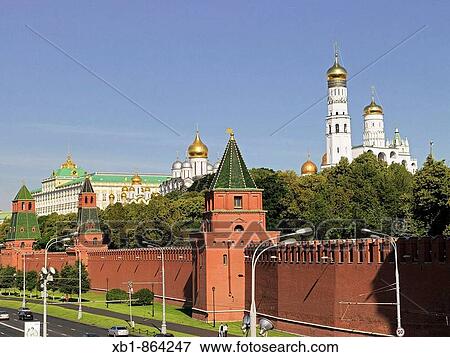 Stock Photo - Kremlin with Kremlin wall and Great Kremlin Palace, left, right Ivan the Great Bell tower, Moscow, Russia. Fotosearch